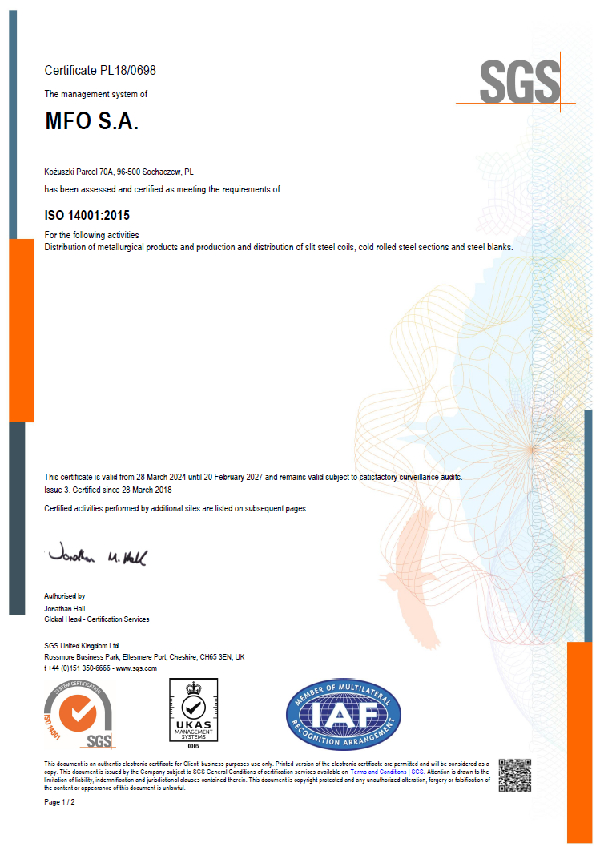 MFO S.A. Certyfikat ISO 14001:2015 ENG